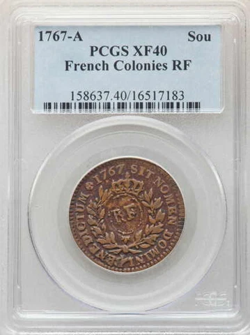 1767A-French Colonies Sou RF C/M  (XF 40BN-PCGS) Cover