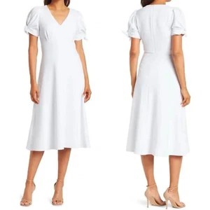 Calvin Klein Size 16 V-Neck Short Puff Tie Sleeve Midi Dress Off White Modest - Picture 1 of 12