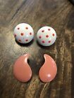 Two Pair Lot Of Vintage Metal Earrings, White Domes With Dots And Peach Swirls