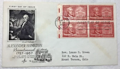 New York NY Alexander Hamilton Bicent 4 Block First Day Issue Jan 11 1957 3 Cent - Image 1 of 4
