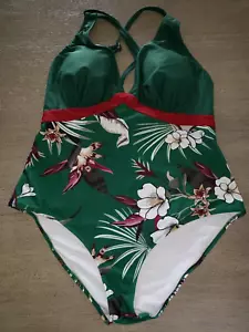 women's DARK GREEN FLORAL 1 PC SWIM SWIMMING SUIT PADDING BRA LINED LARGE XL - Picture 1 of 2