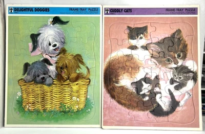 Juego de 2 rompecabezas de bandeja vintage 1968 Rainbow Works Cuddly Cats Delightful Doggies Foto 1 de 4