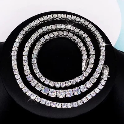 Round Cut Moissanite Tennis Necklace Men Women Chain 925 Sterling Silver Hip Hop - Image 1 of 4