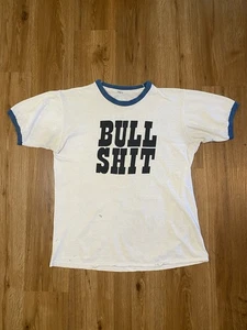 Vintage 70s Single Stitch Cotton BULL SH*T Blue Ringer Tee As Is Thrashed Tshirt - Picture 1 of 13