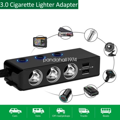 3.0 Cigarette Lighter Adapter Charger 12V/24V 3-Socket Outlet Splitter 4 USB - image 1 of 4