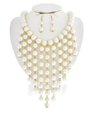 Cream Faux Pearl Gradual Drops Chunky Necklace Earring Set - Image 1 of 4