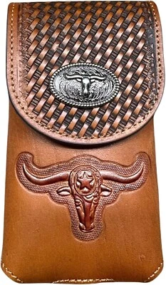 7" LONGHORNS WESTERN LEATHER POUCH BELT HOLSTER CELL PHONE UNIVERSAL#EH12697 - Image 1 of 4