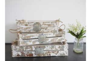 CRATES TRAYS SET OF 3 DISPLAY WOOD VINTAGE RUSTIC STYLE HANDLES STORAGE KITCHEN - Picture 1 of 5