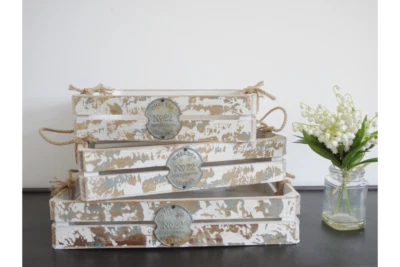 CRATES TRAYS SET OF 3 DISPLAY WOOD VINTAGE RUSTIC STYLE HANDLES STORAGE KITCHEN - Image 1 of 4