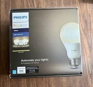 Philips Hue White A19 60W Equivalent LED Smart Bulb Starter Kit 4 Bulbs/1 Hub - Picture 1 of 8