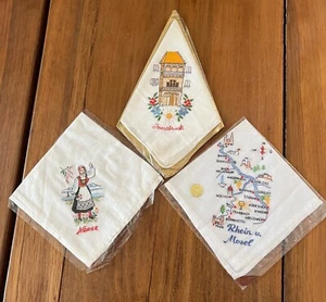 3 souvenir handkerchiefs Norway, Innsbruck, Rhine/Mosel Cotton Hand Embroidered - Picture 1 of 4