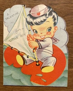Vtg 1940s Valentines Day Greeting Card Little Boy Sailer on Sailboat Raft P1C - Picture 1 of 12