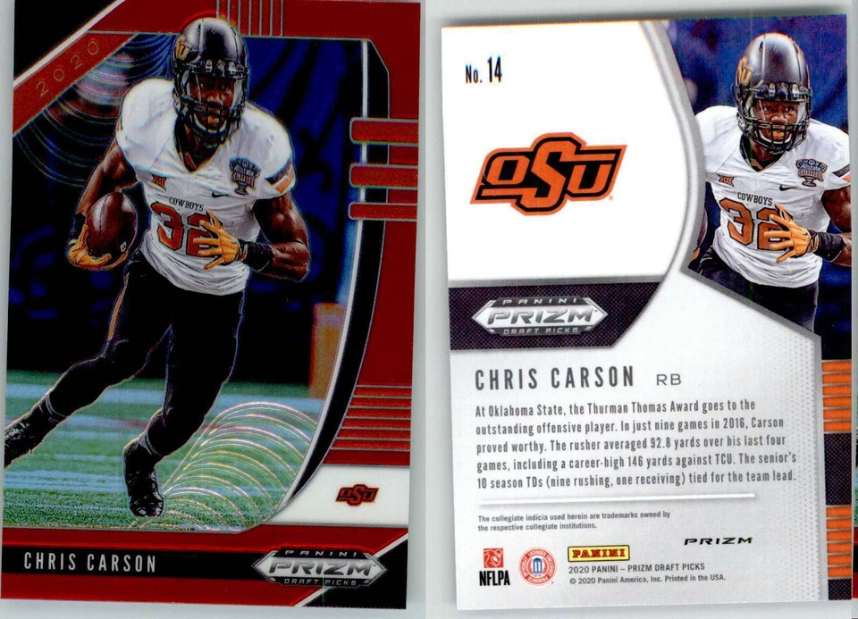 Chris Carson 2020 Prizm Draft Red #14 Oklahoma St Cowboys - Image 1 of 1