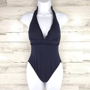 VINTAGE ANNE COLE ONE PIECE NAVY BLUE SWIMSUIT WOMEN'S SIZE 10 HALTER V NECK VGC - Picture 1 of 24