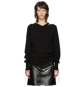 Helmut Lang Black slash v neck sweater cotton/ cashmere large $450 distressed. - Picture 1 of 13