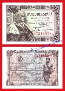 ESPAÑA SPAIN 1 Peseta 1945 Isabel la Católica Pick 128 SC / UNC - Picture 1 of 1