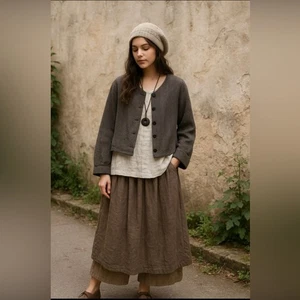 Flax Heavier Linen Herringbone Button Front Jacket Artsy Lagenlook Minimalist S - Picture 1 of 6