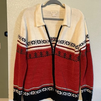 Cardigã Studio Works feminino suéter de Natal tamanho M zíper completo floco de neve árvores - Imagem 1 de 4