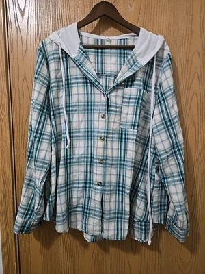 Бирюзовая клетчатая рубашка с капюшоном на пуговицах размер XL - Изображение 1 из 3