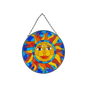 12" x 12" VTG Style Round Sun Painted Stained Glass Window Hanging Suncatcher - Picture 1 of 18