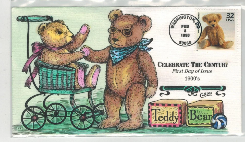 1900/1910 COLLINS CELEBRATE CENTURY HANDPAINTED TEDDY BEARS STAMP/CACHET - Image 1 of 1