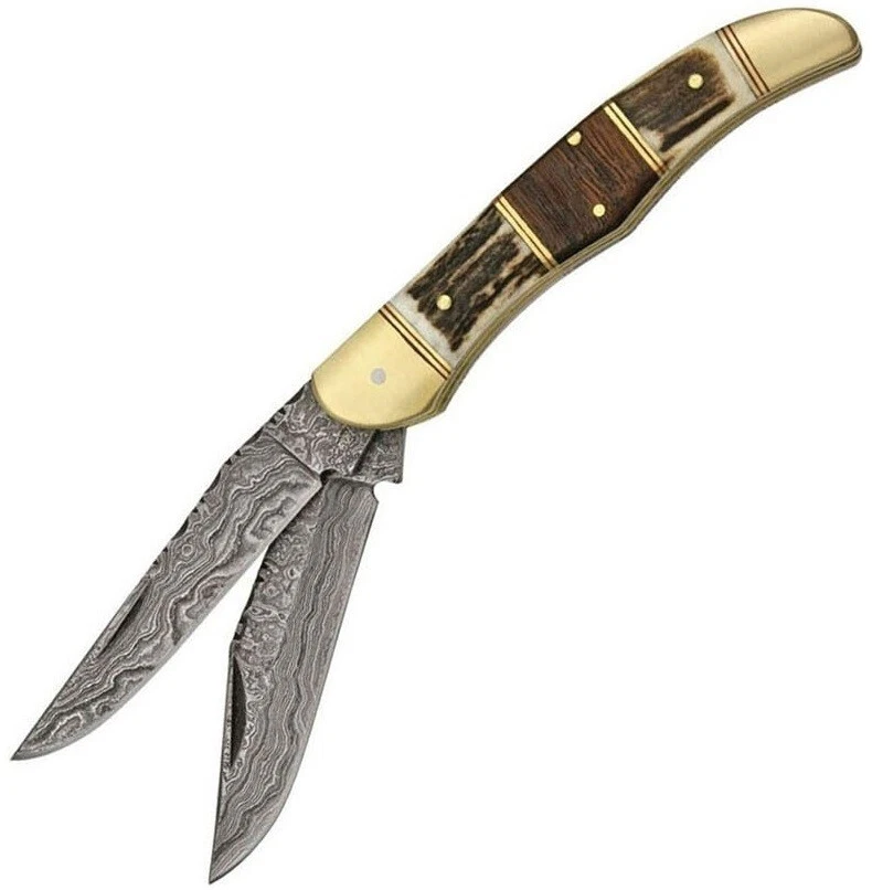 SZCO Supplies 2 Blade Filework Hunting Knife DM1041 Damascus