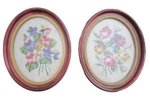 Vintage Framed Floral Needlepoint Picture Pair Oval Frame Roses Violets 10" x 8" - Picture 1 of 7