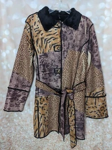 Lapis Women's Faux Suede Fur Animal Print Belted Button Down Jacket Size XL - Picture 1 of 15