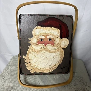 Hand painted Santa Claus Wooden Basket With Lid & Handles Signed 10.5” L - Picture 1 of 13