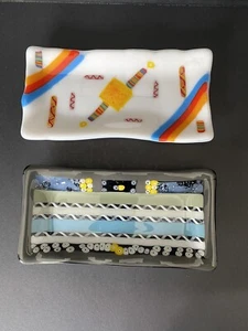 Colorful Fused Glass Art Trinket Plates Set Of 2 Each 8” X 4” - Picture 1 of 6