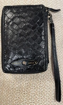 ELLIOTT LUCCA WRISTLET WOVEN BLACK LEATHER ZIP AROUND WALLET CELL PHONE CASE - Image 1 of 4