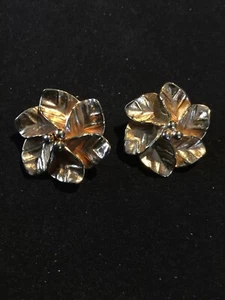 Vintage Clip On earrings. Goldish Flower. 1 1/4” D. Blue Dot 6 - Picture 1 of 4