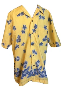 LANDS END Mens Hawaiian Yellow Hibiscus Button SS Vacation Shirt Sz M 15-15.5 - Picture 1 of 8