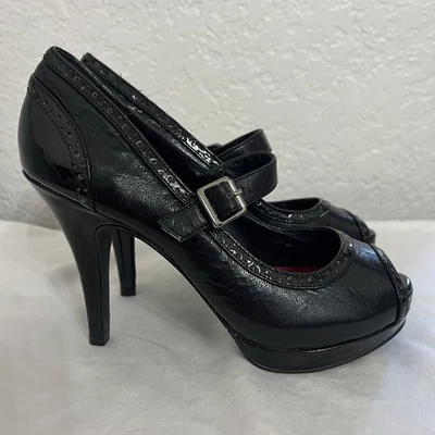 Moda Spana Mary Jane Spectator Puntera Abierta Stiletto Tacón Alto Cuero Negro 6.5 Foto 1 de 4