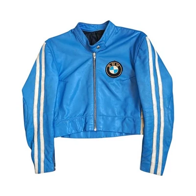 Vintage 1970s Women's Blue White BMW Cafè Racer Cropped Leather Biker Jacket S  - Imagem 1 de 4