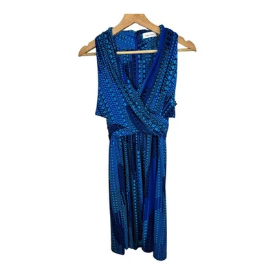 Vestido Halter Calvin Klein Feminino Tamanho 6 Jersey Fosco Estampa Geométrica Azul NOVO - Imagem 1 de 4