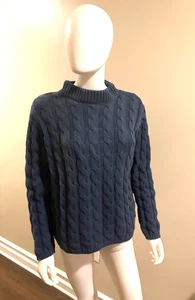 L.L. Bean Blue Sweater 100% Cotton Cable Knit Large Mock Turtleneck Cropped - Picture 1 of 9