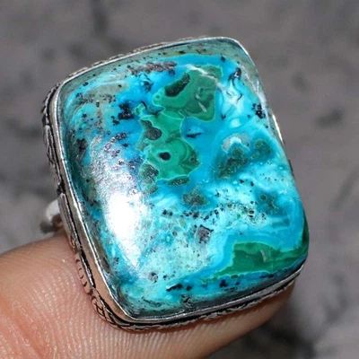 Хризоколла малахит 925 серебро покрытием ручной работы кольцо США 9 обещание подарок GW - Изображение 1 из 3