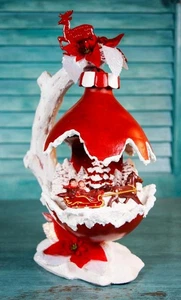 Vintage MCM Keramik 12" Weihnachtsschmuck Diorama Pferdeschlitten Zweig Ständer - Bild 1 von 17