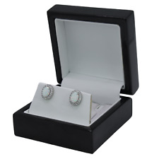 White Gold Finish Created Diamond And Mystical Opal Oval Cut Halo Stud Earrings