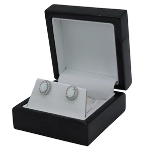 White Gold Finish Created Diamond And Mystical Opal Oval Cut Halo Stud Earrings - Picture 1 of 5