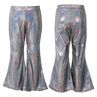 Kids Girls Boys Sparkle Metallic Flare Pants Wide Leg Disco Party Dance Trousers