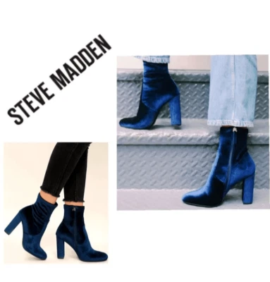 Botas de tornozelo Steven Madden edição azul com zíper salto bloco veludo tamanho 7 em excelente estado usado - Imagem 1 de 4