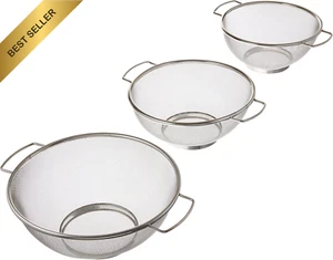 3Pc Fine Mesh Colander Set Stainless Steel 8" 9" 10" Dishwasher Safe Strainers - Picture 1 of 12