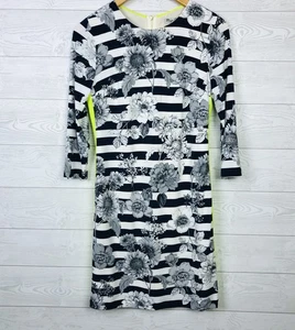 Eliza J Womens Stripe Floral Shift Dress 3/4 Sleeve Neon Sides Sz 4 Exposed Zip - Picture 1 of 6