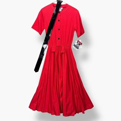 Vintage Womens Dress 5/6 Red Short Sleeve 80s 90s Full Skirt Career Belted NWT - Image 1 of 4