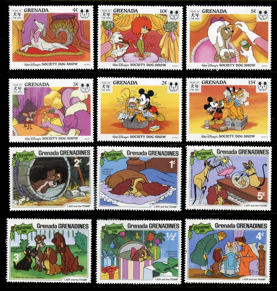 WALT DISNEY Stamp Collection x 12 Lady & the Tramp MIcky Mouse Society Dog Show - Image 1 of 1