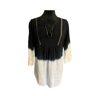 Floreat Cuello Dividido Manga 3/4 Dip Teñido Túnica Campesina Top Blanco y Negro Talla 2 Foto 1 de 4