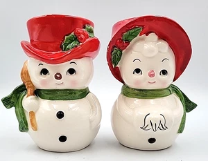 Vintage Christmas Lefton Ceramic Snowman & Snowlady Candle Holder Figurines - Picture 1 of 17