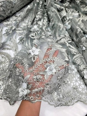 Silver 3d Lace Fabric By The Yard 3d Floral Flower Embroidery Pearls Prom Dress - Image 1 of 4